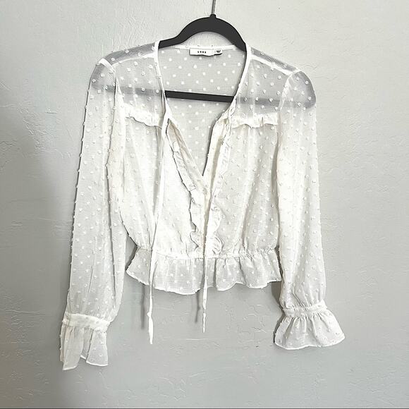 Lush Cropped White Polka Dot Cinched Ruffle Blouse - Picture 1 of 6